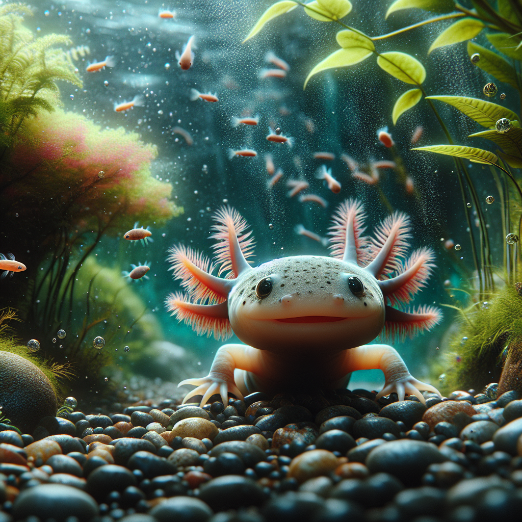 Un adorable axolotl bebe nage paisiblement dans l'eau claire, affichant ses branchies colorées et son sourire innocent.