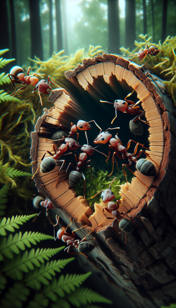 Un groupe de charpentiere fourmis travaillant ensemble pour construire et rénover leur nid dans la forêt.