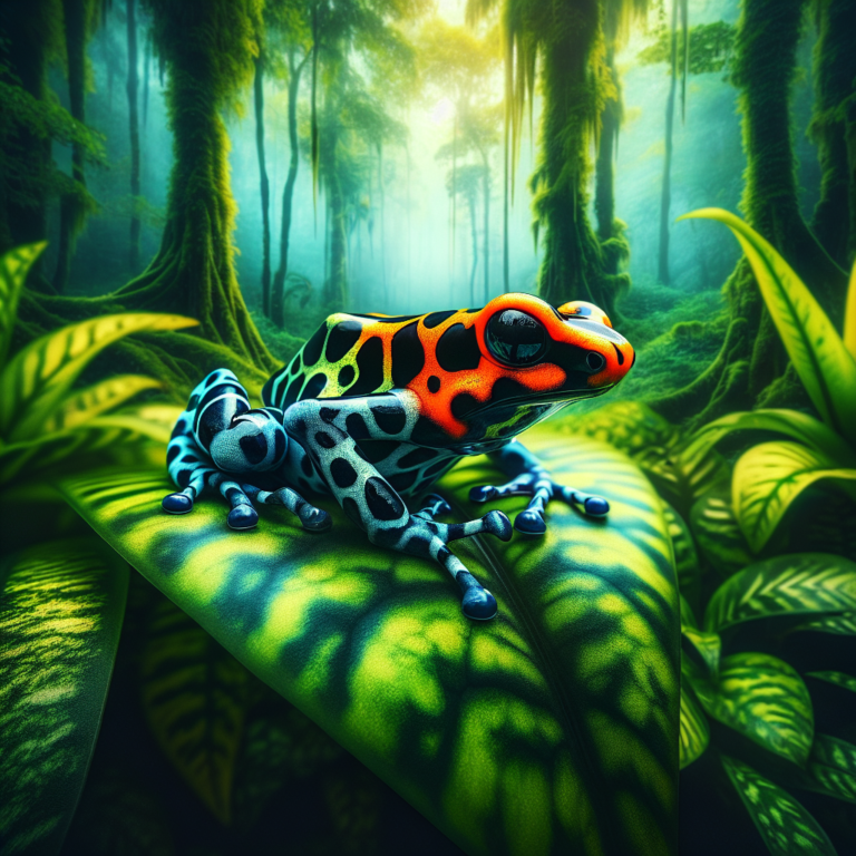 Un dendrobate coloré grimpe sur une feuille verte, affichant ses teintes vives et son habitat tropical.