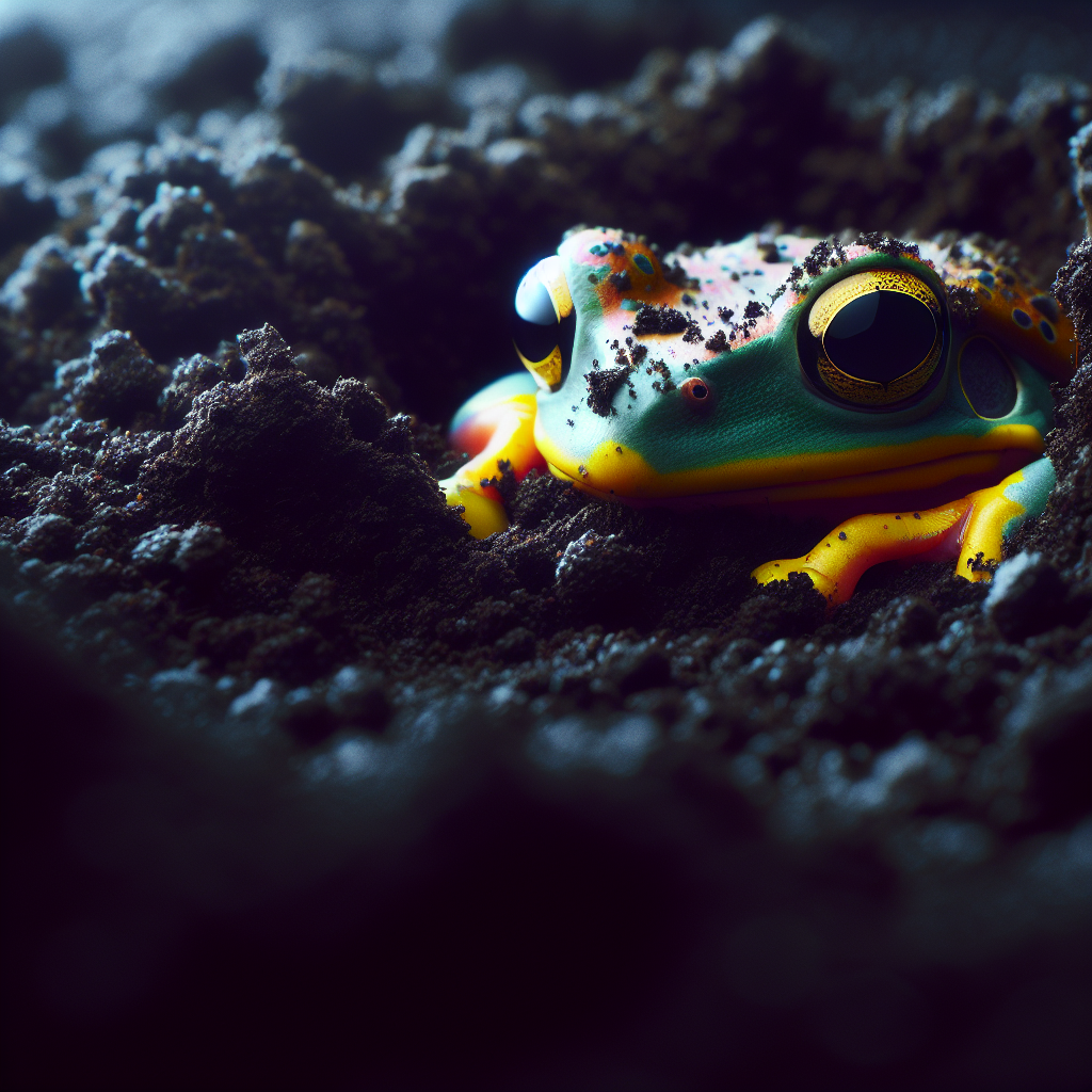 Une grenouille de terre se repose sur un sol humide, camouflée parmi les feuilles et la terre environnante.