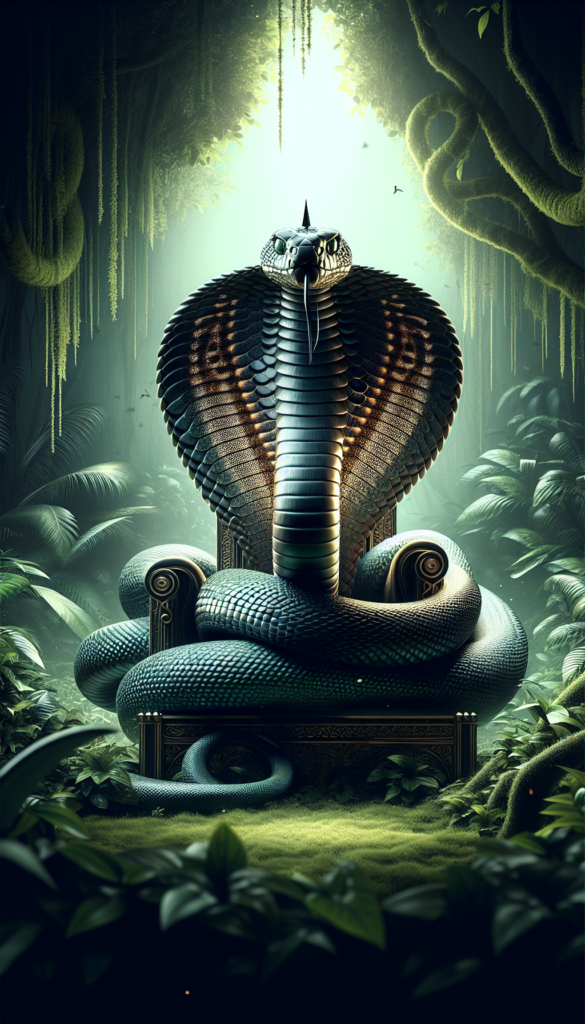 Un majestueux serpent aux écailles brillantes, déroulé dans une posture élégante, se présente comme le roi des serpents.