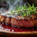 Gros plan d'un pavé de veau parfaitement saisi sur une assiette en bois rustique, garni de brins de thym frais et d'un filet de réduction de vin rouge riche, la vapeur s'élevant doucement, capturé dans une douce lumière naturelle pour un look chaleureux et appétissant, pris avec un Sony A7R IV, objectif macro 100 mm, tons vibrants et terreux mettant en valeur la texture et la jutosité de la viande