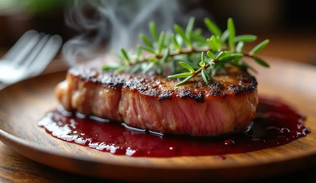 Gros plan d'un pavé de veau parfaitement saisi sur une assiette en bois rustique, garni de brins de thym frais et d'un filet de réduction de vin rouge riche, la vapeur s'élevant doucement, capturé dans une douce lumière naturelle pour un look chaleureux et appétissant, pris avec un Sony A7R IV, objectif macro 100 mm, tons vibrants et terreux mettant en valeur la texture et la jutosité de la viande