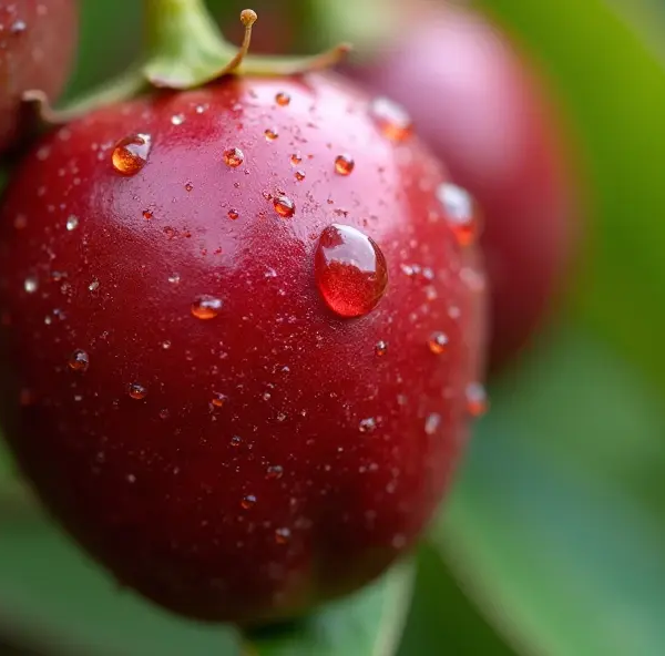 Une prise de vue macro du fruit Camu-Camu, mettant en valeur sa peau rouge-violet vibrante et sa texture lisse, avec des gouttelettes d'eau scintillant à sa surface, entouré d'un arrière-plan vert naturel doux de son feuillage tropical, capturé en plein jour avec une lumière diffuse douce, pris avec un Canon EOS-1D X Mark III, objectif macro, couleurs éclatantes.