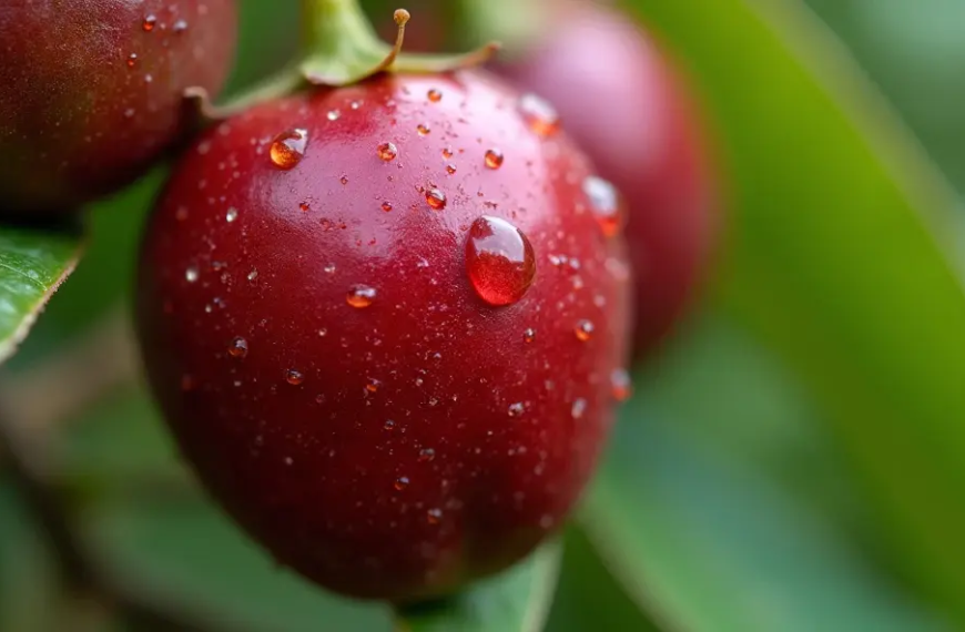 Une prise de vue macro du fruit Camu-Camu, mettant en valeur sa peau rouge-violet vibrante et sa texture lisse, avec des gouttelettes d'eau scintillant à sa surface, entouré d'un arrière-plan vert naturel doux de son feuillage tropical, capturé en plein jour avec une lumière diffuse douce, pris avec un Canon EOS-1D X Mark III, objectif macro, couleurs éclatantes.