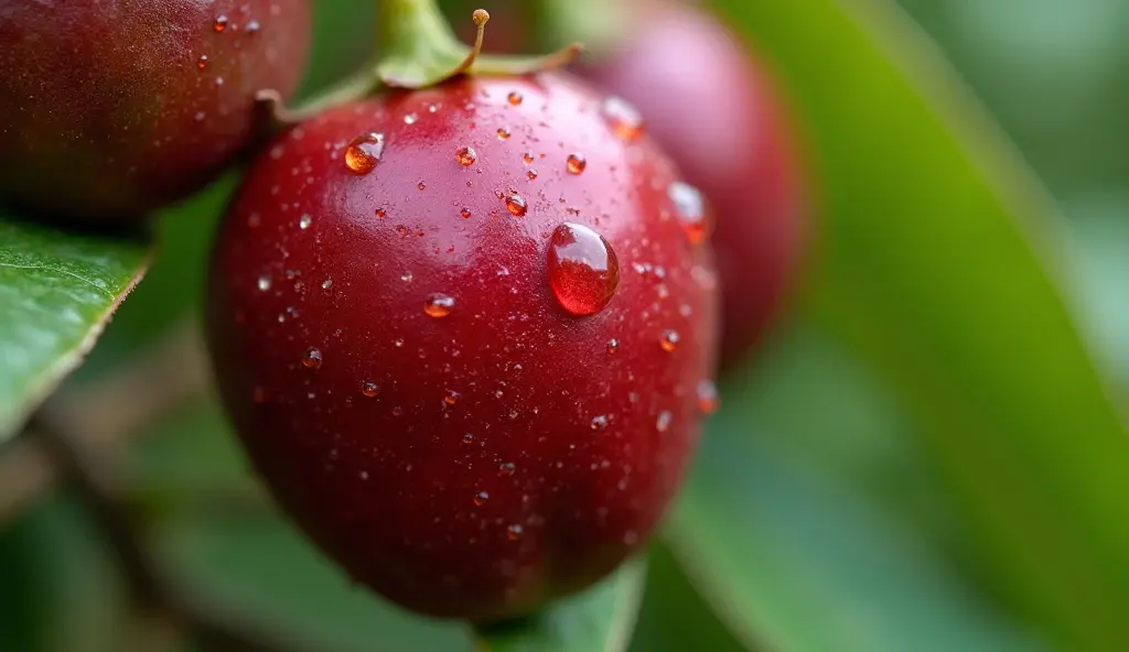 Une prise de vue macro du fruit Camu-Camu, mettant en valeur sa peau rouge-violet vibrante et sa texture lisse, avec des gouttelettes d'eau scintillant à sa surface, entouré d'un arrière-plan vert naturel doux de son feuillage tropical, capturé en plein jour avec une lumière diffuse douce, pris avec un Canon EOS-1D X Mark III, objectif macro, couleurs éclatantes.