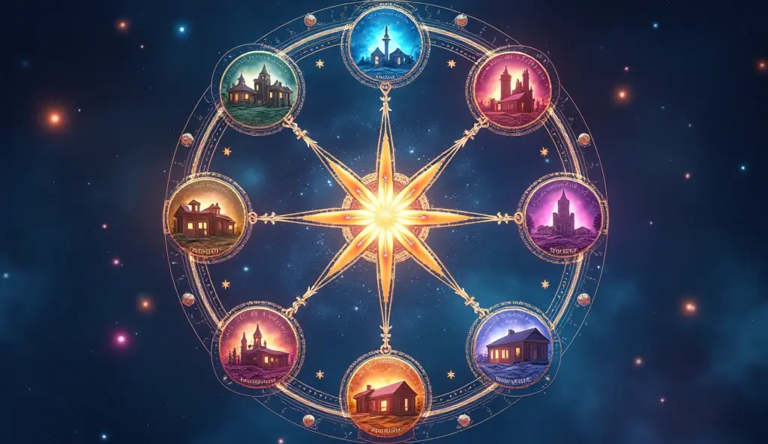 Une illustration mystique des 12 maisons astrologiques, chacune représentée par des éléments symboliques (par exemple, une maison pour la 4e maison, une couronne pour la 10e maison), disposées selon une disposition circulaire du zodiaque, avec des accents célestes brillants, un éclairage éthéré doux et un fond étoilé, mélangeant des tons de bijoux vibrants avec des dégradés subtils, un rendu artistique ressemblant à une carte céleste