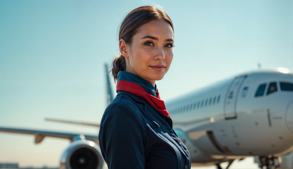 Une prise de vue cinématographique d'une hôtesse de l'air française debout élégamment devant un avion de ligne moderne, portant un uniforme bleu marine classique avec une écharpe chic, posée et confiante, sur un tarmac d'aéroport ensoleillé avec un ciel bleu clair, un éclairage naturel doux, tourné avec un objectif Canon EOS R5, 85 mm f/1.2, des couleurs vives avec un accent subtil sur les tons du drapeau français