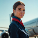 Une prise de vue cinématographique d'une hôtesse de l'air française debout élégamment devant un avion de ligne moderne, portant un uniforme bleu marine classique avec une écharpe chic, posée et confiante, sur un tarmac d'aéroport ensoleillé avec un ciel bleu clair, un éclairage naturel doux, tourné avec un objectif Canon EOS R5, 85 mm f/1.2, des couleurs vives avec un accent subtil sur les tons du drapeau français