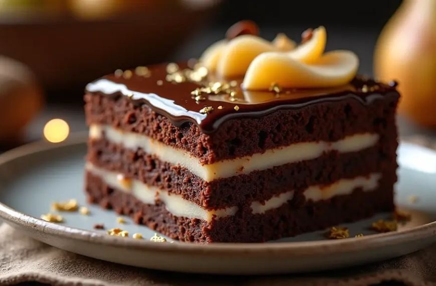 Gâteau Poire Chocolat Un gros plan d'un gâteau décadent aux poires et au chocolat, composé de couches de ganache au chocolat riche et de poires pochées moelleuses, surmontées d'un glaçage au chocolat brillant et de délicats accents de feuilles d'or, servi sur une assiette en céramique rustique avec une serviette texturée en dessous, illuminée par une douce lumière chaude dans un cadre de cuisine confortable, prise avec un Nikon D850, objectif macro 105 mm f/2,8, tons chauds avec de riches bruns chocolatés et de doux reflets dorés