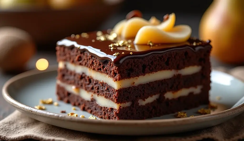 Gâteau Poire Chocolat Un gros plan d'un gâteau décadent aux poires et au chocolat, composé de couches de ganache au chocolat riche et de poires pochées moelleuses, surmontées d'un glaçage au chocolat brillant et de délicats accents de feuilles d'or, servi sur une assiette en céramique rustique avec une serviette texturée en dessous, illuminée par une douce lumière chaude dans un cadre de cuisine confortable, prise avec un Nikon D850, objectif macro 105 mm f/2,8, tons chauds avec de riches bruns chocolatés et de doux reflets dorés