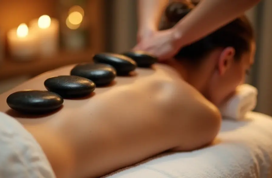 Une prise de vue en gros plan d'une femme recevant un massage aux pierres chaudes, allongée sur le ventre sur une table de massage blanche et douce, avec des pierres noires lisses disposées le long de sa colonne vertébrale, son dos légèrement brillant à cause de l'huile de massage, la scène dégageant relaxation et chaleur, capturée dans un environnement de spa serein avec un éclairage doux et chaleureux, prise avec un Nikon Z7 II, objectif 85mm f/1.8, tons chauds et terreux.