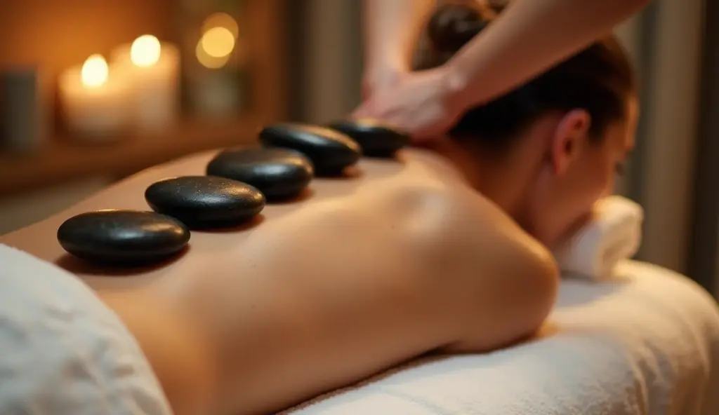 Une prise de vue en gros plan d'une femme recevant un massage aux pierres chaudes, allongée sur le ventre sur une table de massage blanche et douce, avec des pierres noires lisses disposées le long de sa colonne vertébrale, son dos légèrement brillant à cause de l'huile de massage, la scène dégageant relaxation et chaleur, capturée dans un environnement de spa serein avec un éclairage doux et chaleureux, prise avec un Nikon Z7 II, objectif 85mm f/1.8, tons chauds et terreux.