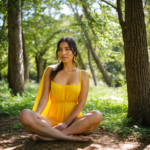 Portrait artistique d'une femme sereine assise dans une pose méditative, rayonnant d'une lumière jaune vibrante symbolisant le chakra du plexus solaire, entourée d'un cadre naturel tranquille avec une douce lumière du soleil filtrant à travers les arbres, portant une robe fluide et dorée embellie de symboles de chakra, l'atmosphère est imprégnée de sérénité spirituelle, à l'heure dorée, prise avec un Sony A7R IV, objectif 85 mm f/1,8, palette de couleurs chaudes et vibrantes.