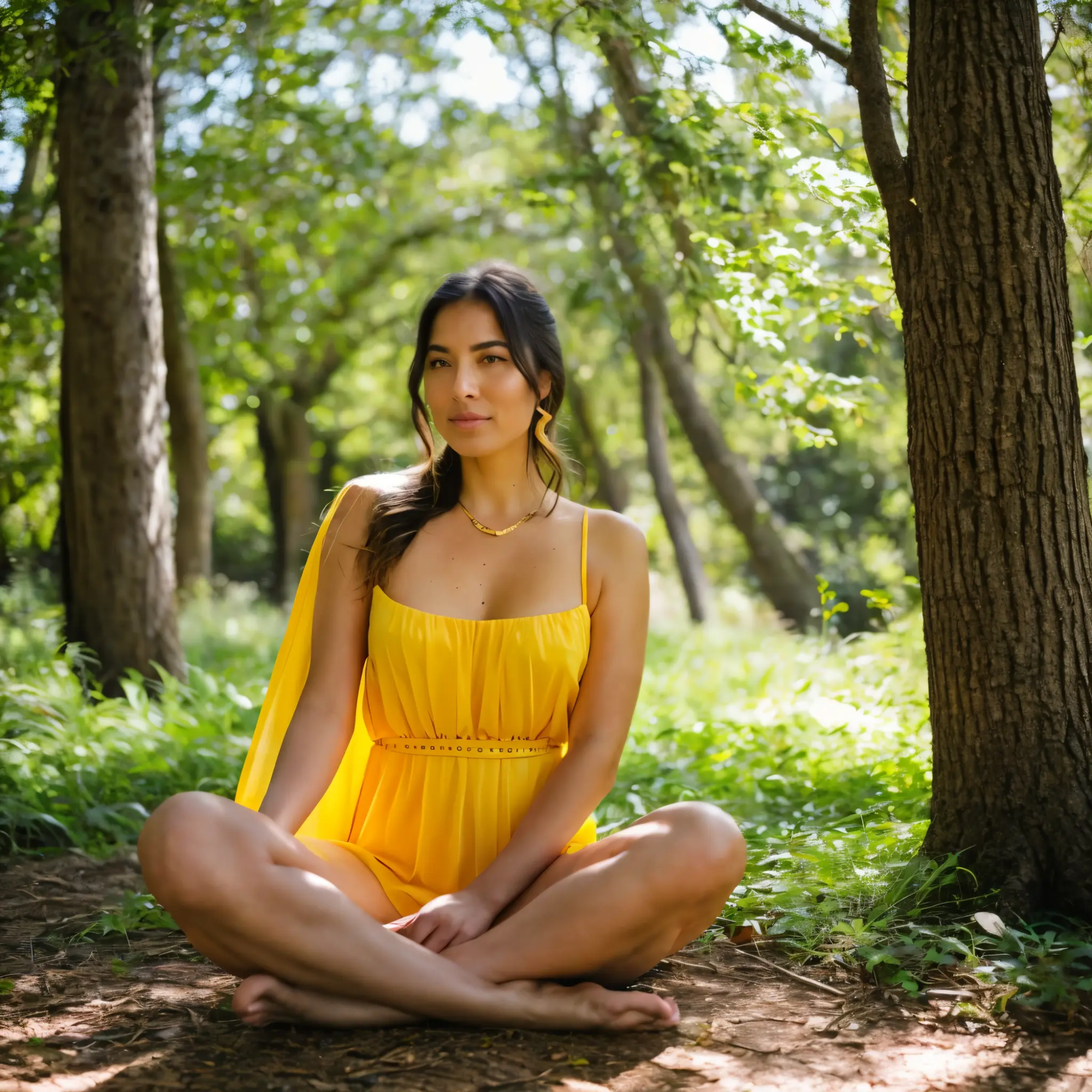 Portrait artistique d'une femme sereine assise dans une pose méditative, rayonnant d'une lumière jaune vibrante symbolisant le chakra du plexus solaire, entourée d'un cadre naturel tranquille avec une douce lumière du soleil filtrant à travers les arbres, portant une robe fluide et dorée embellie de symboles de chakra, l'atmosphère est imprégnée de sérénité spirituelle, à l'heure dorée, prise avec un Sony A7R IV, objectif 85 mm f/1,8, palette de couleurs chaudes et vibrantes.