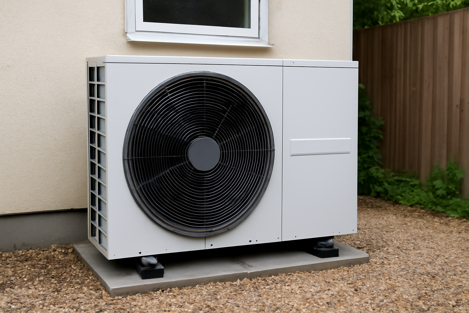 Unité extérieure de pompe à chaleur installée contre un mur, avec des ondes rouges illustrant le bruit émis par le ventilateur et le compresseur.