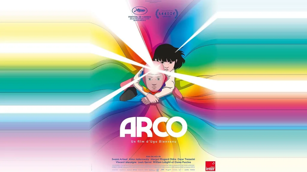 Affiche colorée du film d’animation Arco, avec le jeune voyageur temporel au centre de la composition.