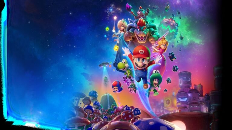 Mario et Luigi dans un décor spatial coloré du film The Super Mario Galaxy Movie