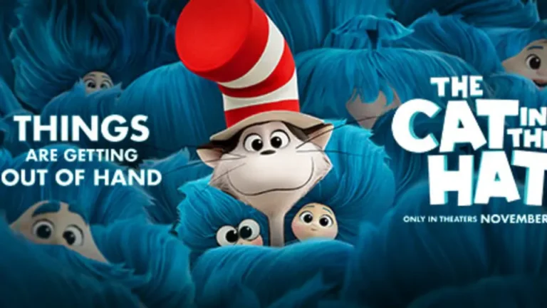 Affiche panoramique officielle du film d’animation The Cat in the Hat, avec le Chat coiffé de son célèbre chapeau rouge.