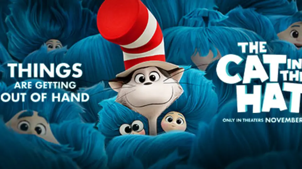 Affiche panoramique officielle du film d’animation The Cat in the Hat, avec le Chat coiffé de son célèbre chapeau rouge.