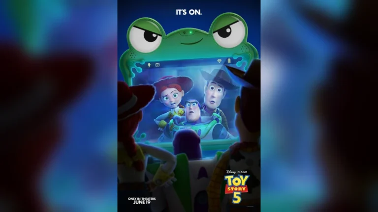 Affiche officielle de Toy Story 5 avec les jouets de Pixar réunis autour de Buzz et Woody